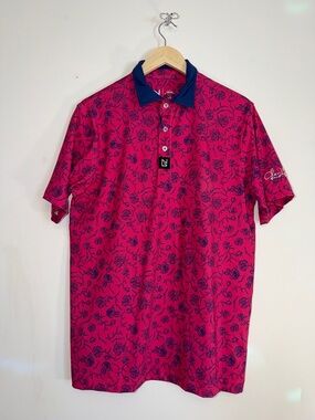 Men's Floral Polo Shirt - Pink with Navy Collar
